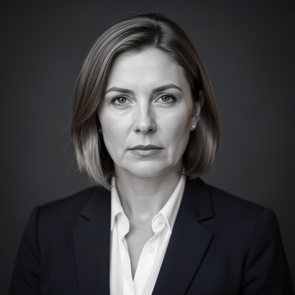 Dr. Horváth Anna médiakutató portréfotója, fekete fehér professzionális fotó sötét háttérrel