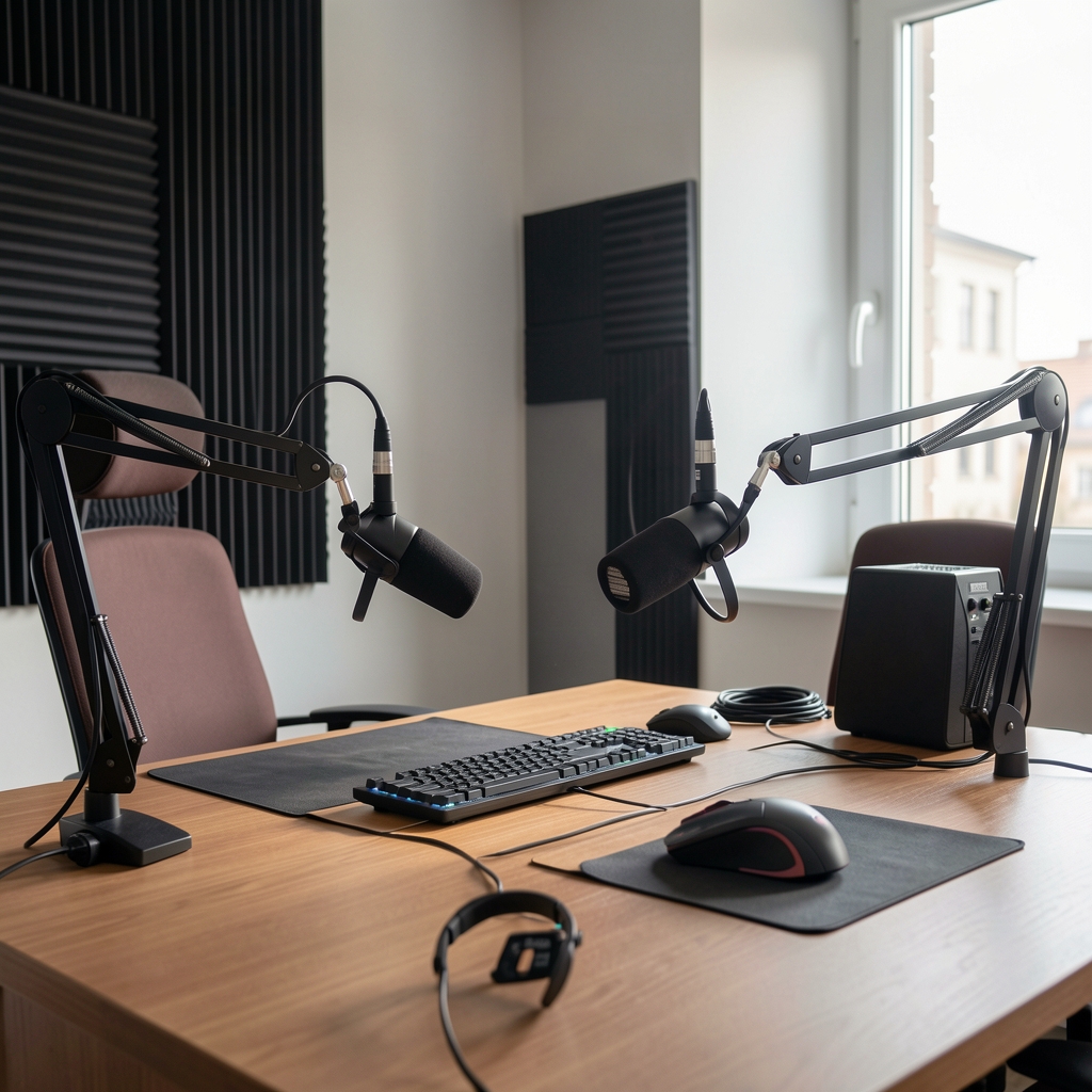 Professzionális podcast stúdió Budapesten, ahol médiaközvetítő podcast felvételt készít modern hangtechnikai felszereléssel